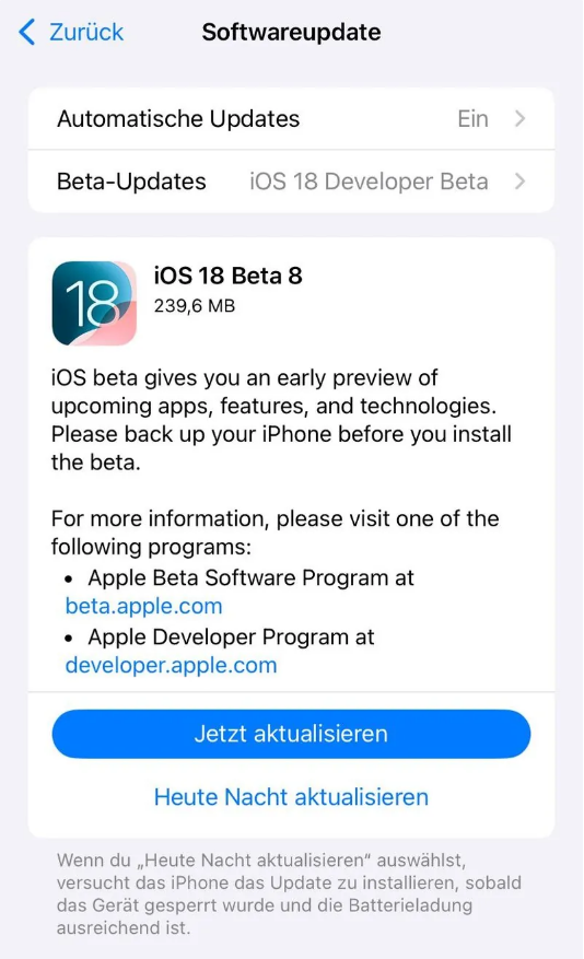 柳河苹果手机维修分享苹果 iOS / iPadOS 18 开发者预览版 Beta 8 发布 